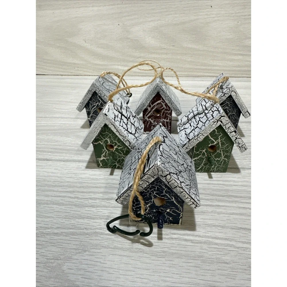 Blue, Red, Green Wood Birdhouse Christmas Ornament Snow Top 2x2.5x3